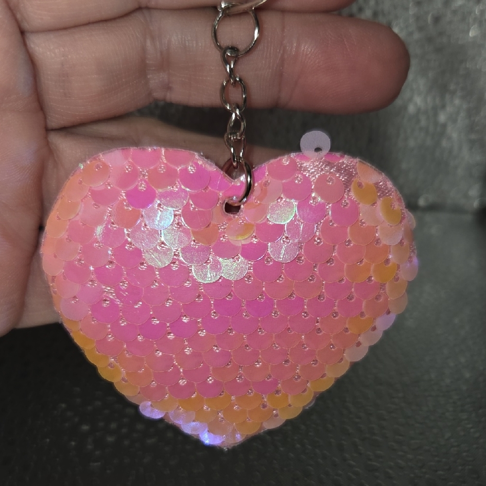 Keychain, Pink and Orange Sequin Heart NWOT